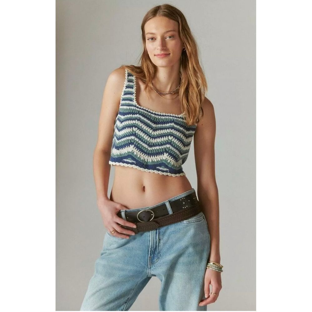 Lucky‎ Brand Crop Top Womens Blue Zig Zag Thick Crochet Tank Bohemian NWT Sz S